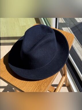 Yellow 108 Salvaged Navy Blue Wool Hat Size Large